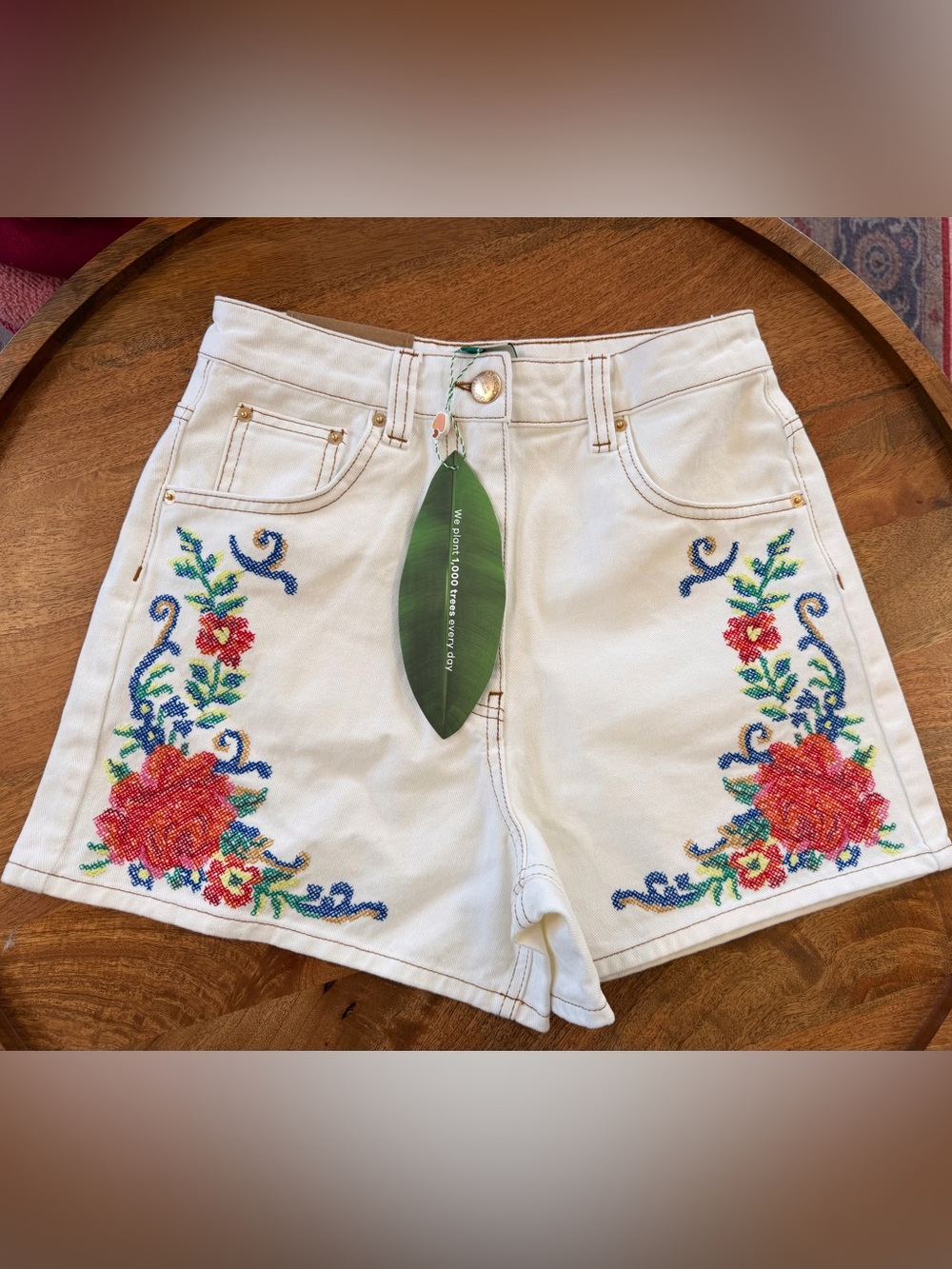 FARM Rio White Denim Shorts with Red & Blue Floral Embroidery